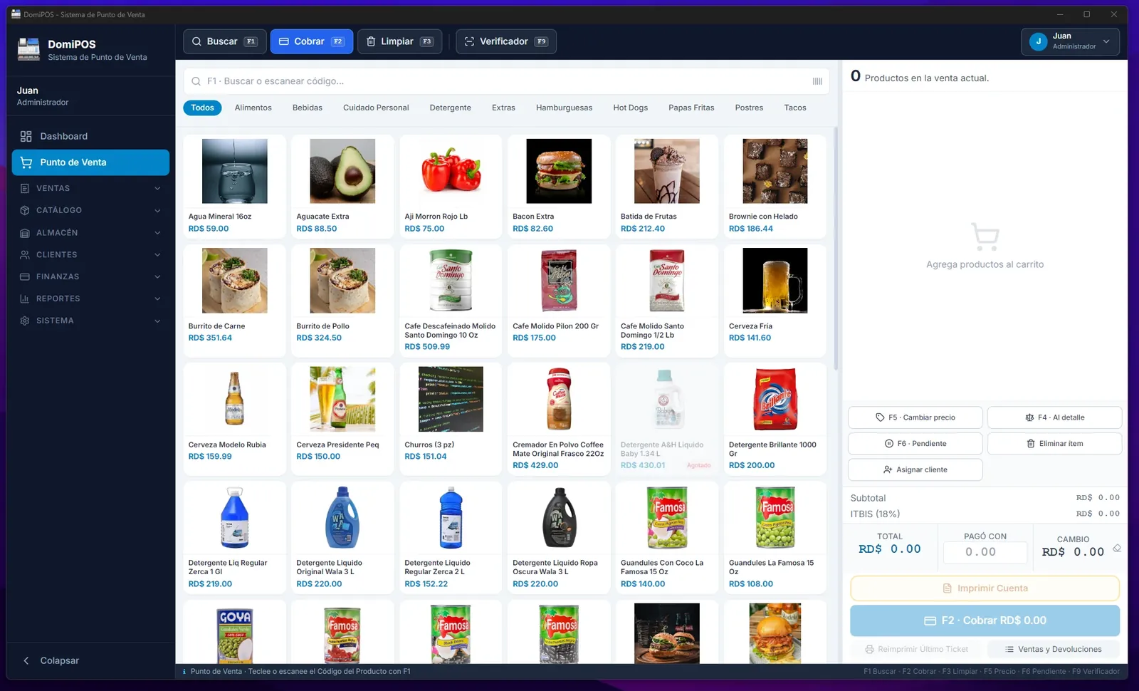 Pantalla de punto de venta de DomiPOS con el catálogo de productos y el carrito
